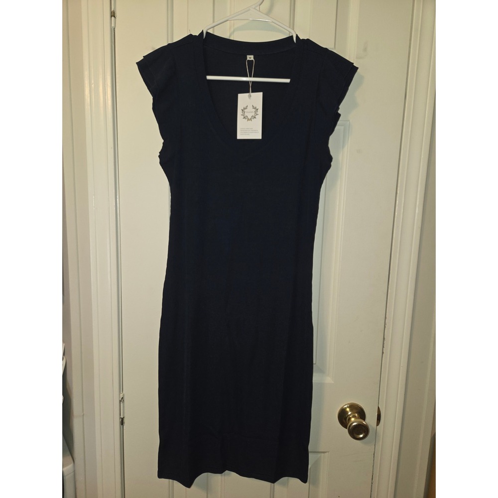 Thanks Navy Blue Ribbed V-Neck Ruffle Sleeve Sheath Midi Dress NWT Size M